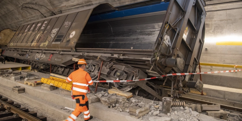 Ein umgestürzter Güterwagen von Transwaggon im Gotthard-Tunnel. Das Unternehmen will nun alle Räder des vom Radbruch betroffenen Typs austauschen. Foto: Keystone, Urs Flüeler