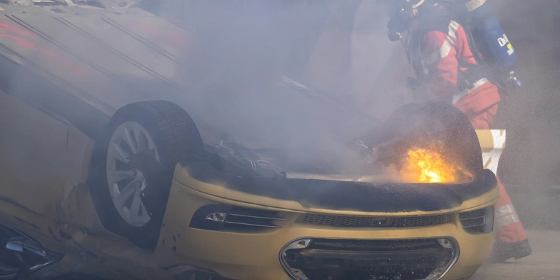 Ein Feuerwehrmann löscht ein brennendes Elektroauto bei einem simulierten Crashtest in Dübendorf. Foto: Michael Buholzer (Keystone)