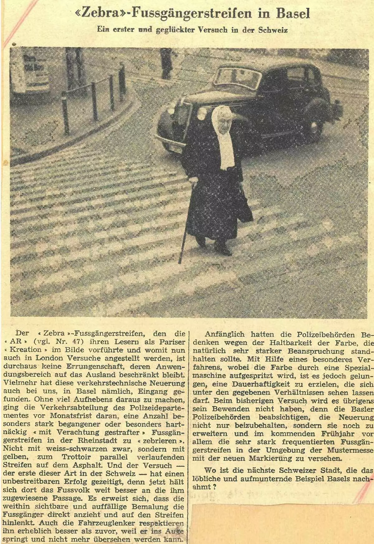 Die ersten Fussgängerüberwege in der Schweiz gab es 1948 in Basel . Darüber berichtete die Automobilrevue im Dezember desselben Jahres. Foto: Blog des Schweizerischen Nationalmuseums / Bundesarchiv